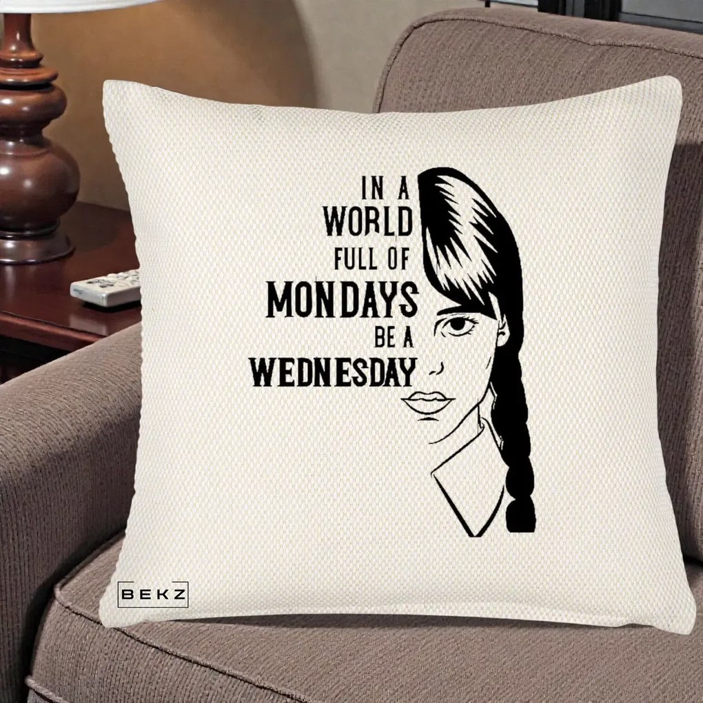 Perna Personalizata Wednesday Be a Wednesday, 40x40 cm, Crem Reliefat, Husa Detasabila, Perna Inclusa, BEKZ®