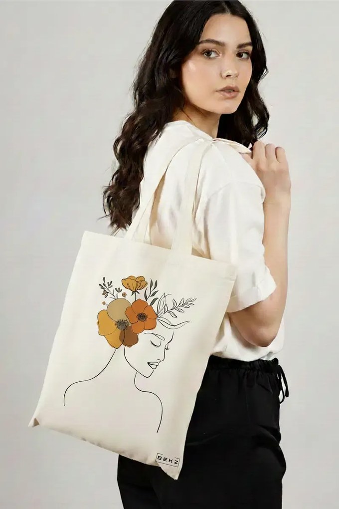 Sacosa de Panza pentru Cumparaturi, Geanta Tote, Flower Lady 16, 38x34.5 cm, Alba, BEKZ®