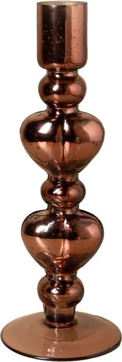 Sfeșnic din sticlă cu inimi sculptate suprapuse, maro-argintiu, finisaj lucios, 23×8 cm, „Cœur"