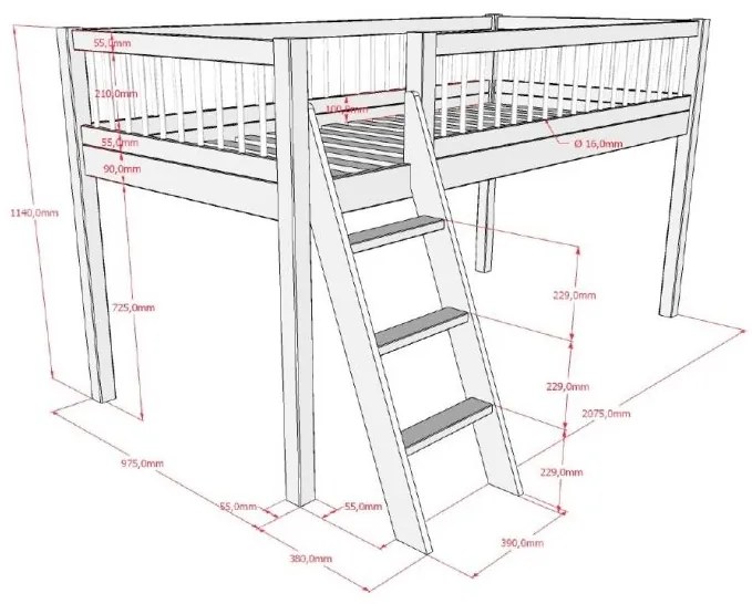 Pat Semi-Înălțat Forrest Beech pentru Camera Copii, 90x200 cm, din Lemn Masiv de Fag, Alb – Vipack
