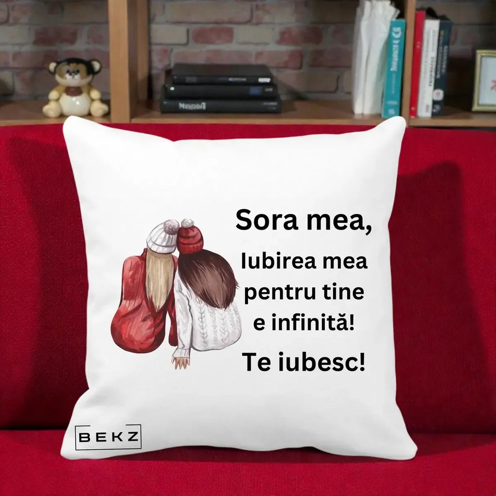 Cadou pentru Sora - Perna Personalizata Sora Mea Te Iubesc Doua Fete Iarna Acuarela, 40x40 cm, Alba Mata, Husa Detasabila, Perna Inclusa, BEKZ®