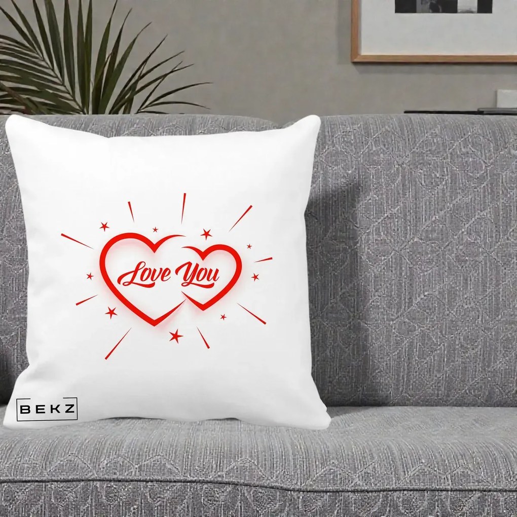 Cadou Romantic - Perna Personalizata Love You Doua Inimi, 40x40 cm, Alba Mata, Husa Detasabila, Perna Inclusa, BEKZ®
