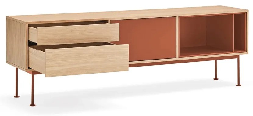 Comodă TV cu aspect de lemn de stejar Teulat Yoko, roșu cărămiziu