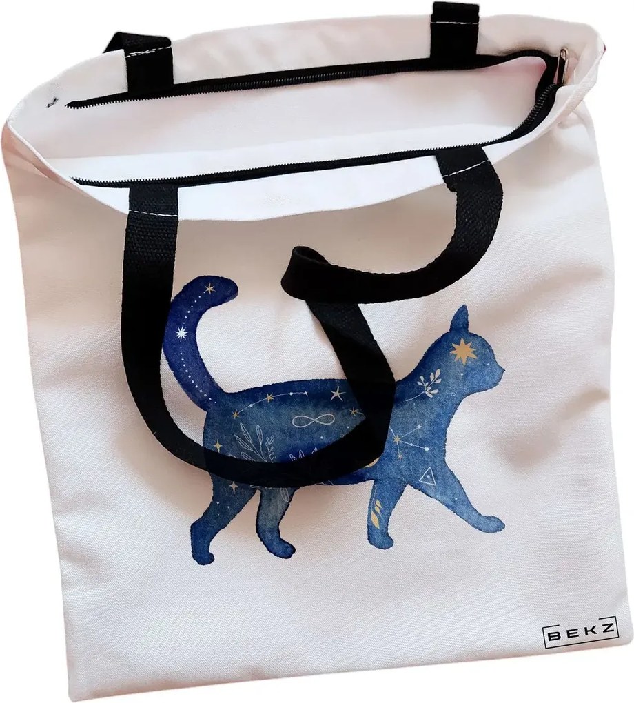 Sacosa de Panza pentru Cumparaturi, Geanta Tote, model Pisica Astrala, Cu fermoar, 38x34.5 cm, Alba, BEKZ®