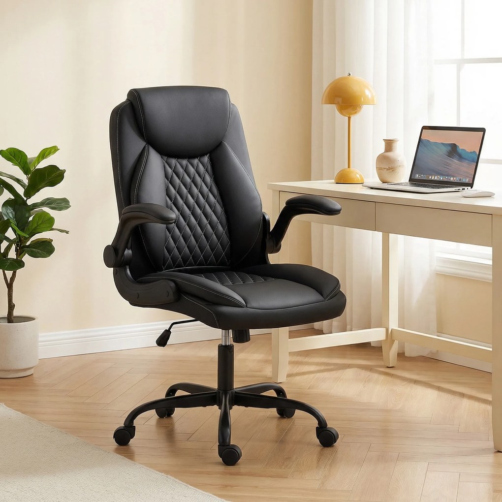 HOMCOM Scaun de birou, scaun ergonomic cu cotiere rabatabile, înălțime reglabilă, funcție de balans, negru | Aosom Romania