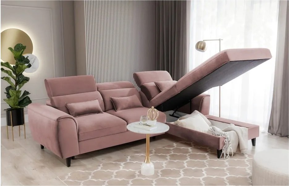 Colțar roz extensibil/cu spațiu de depozitare cu tapițerie din catifea (cu colț pe partea dreaptă/cu șezlong) Foble – ELTAP
