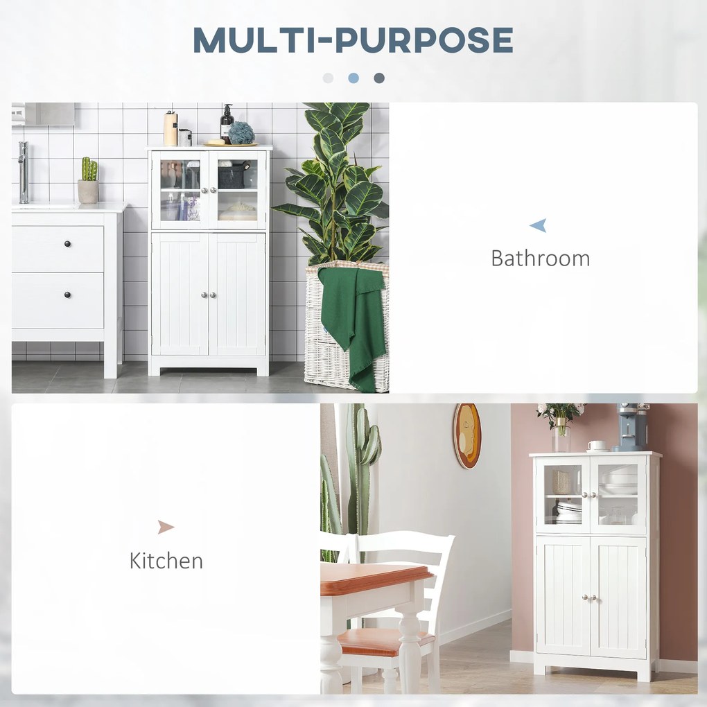 kleankin Mobile Bagno con 2 Armadietti e Ante in Vetro, Mobiletto Bagno Salvaspazio con Ripiano Regolabile, Armadietto da Terra per Sala da Pranzo, Salotto, Soggiorno, Cucina, 60x30x108.5 cm, Bianco | Aosom Romania