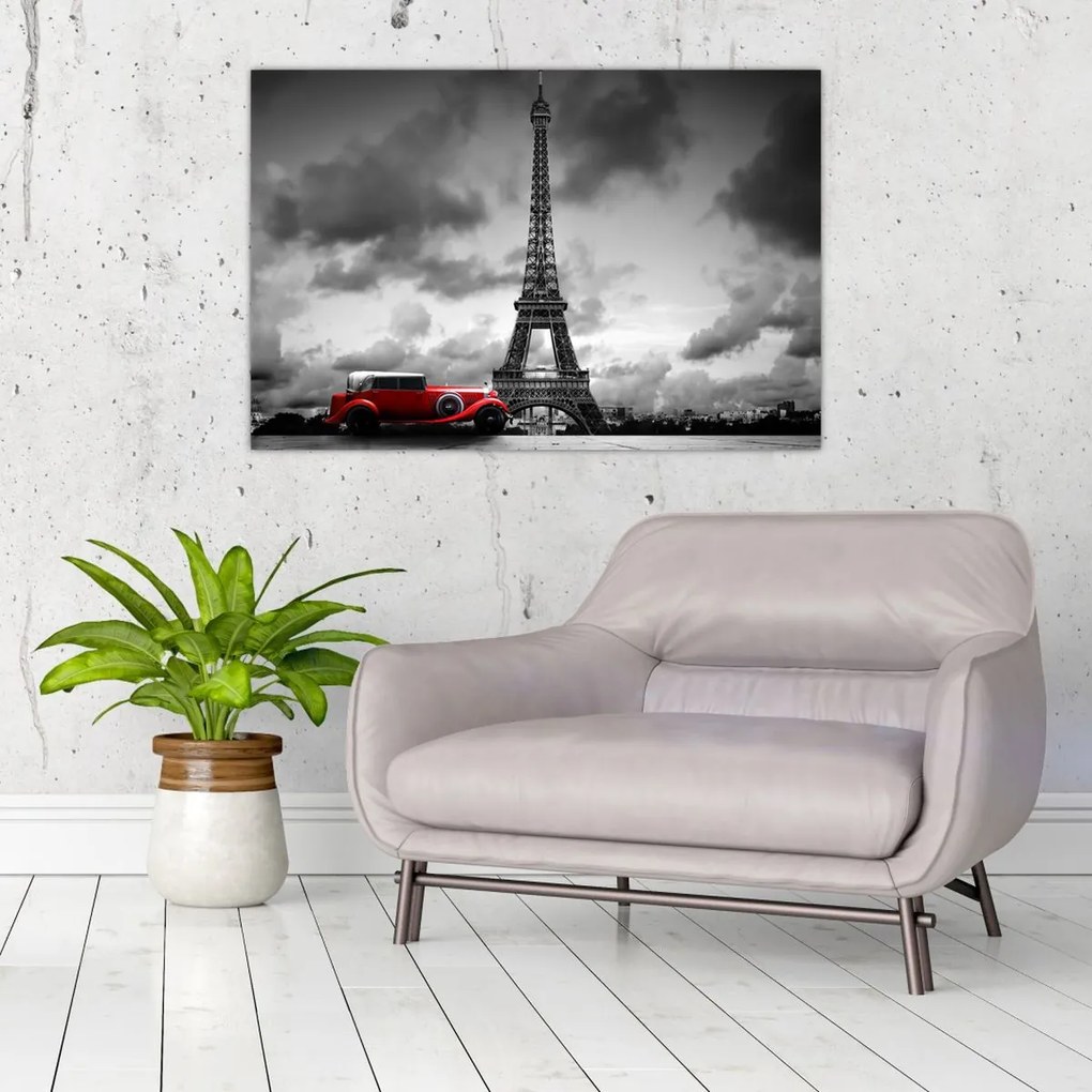 Tablou - Turnul Eiffel și mașina roșie (90x60 cm)