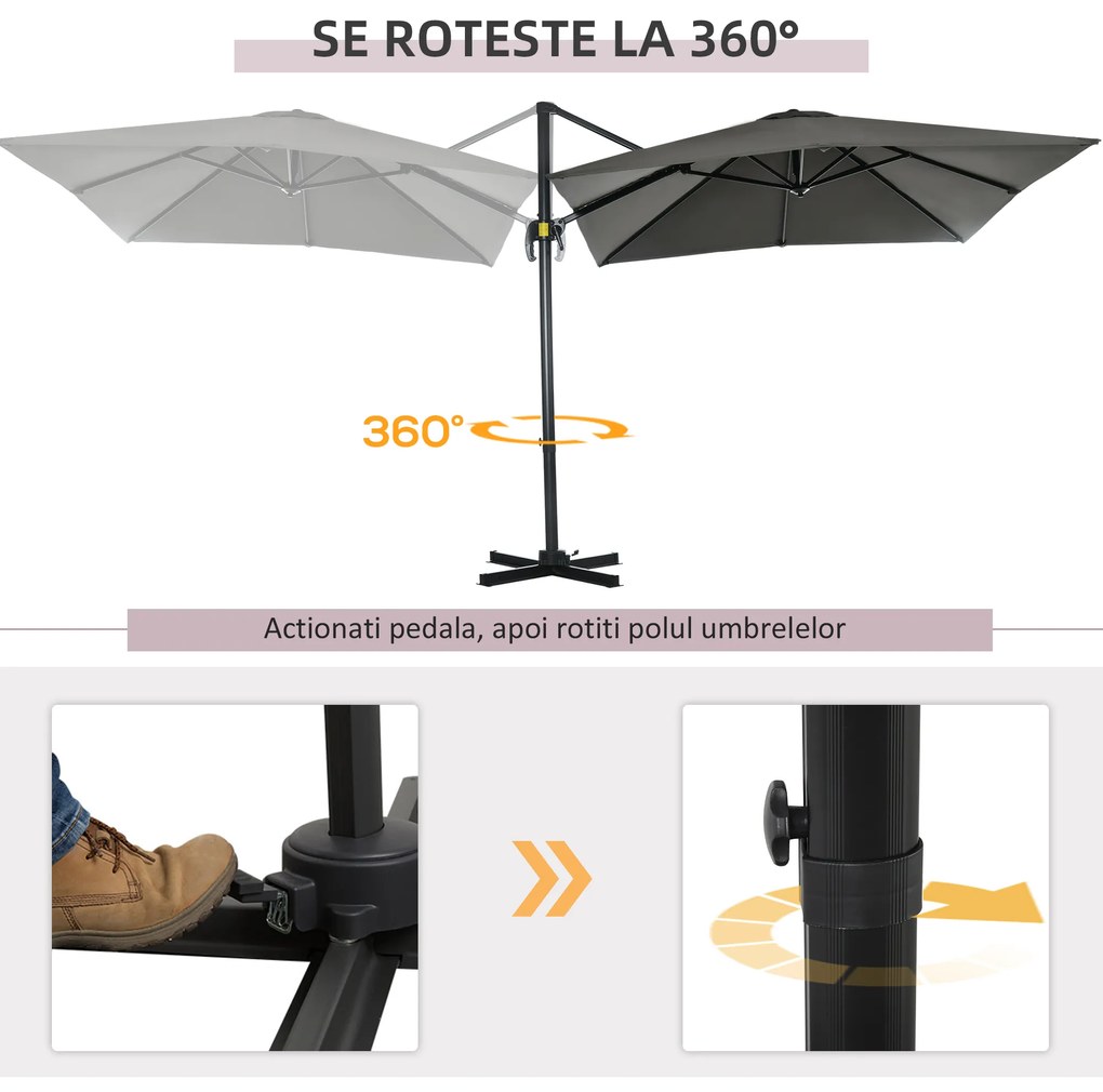 Outsunny Umbrelă de Grădină cu Manivelă de Mână cu Unghi Reglabil pe 5 Niveluri și Rotație la 360°, 245x245x248 cm, Gri | Aosom Romania