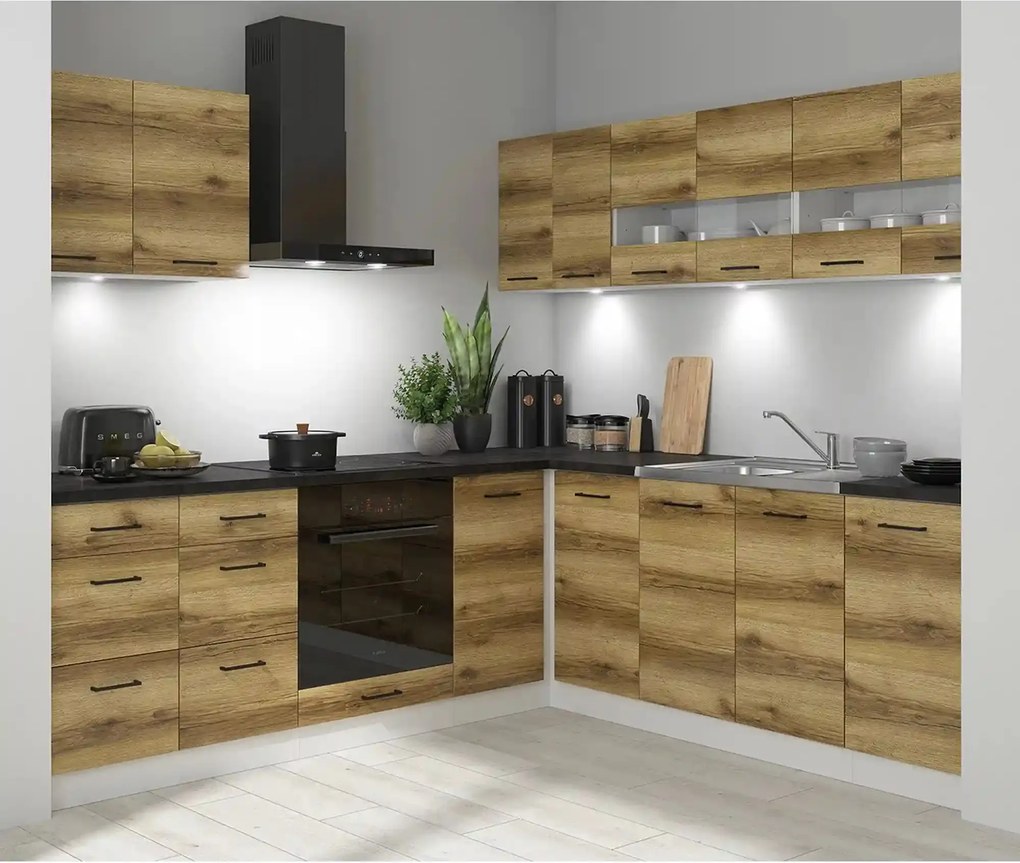 Set bucatarie JUNONA LINE, stejar delano/alb, PAL, 220x240 cm, cu blat