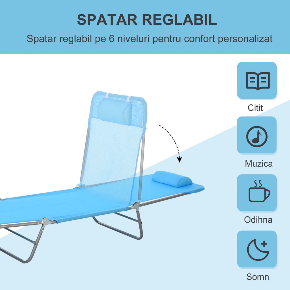 Outsunny sezlong pliabil cu spatar reglabil si perna, sezlong de gradina, plaja si camping, albastru | Aosom Romania