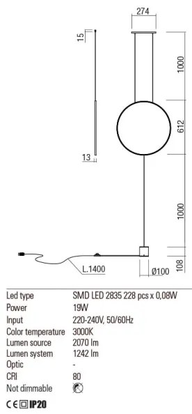 Lampadar Redo 01-2197 SLICK LED/19W/230V negru