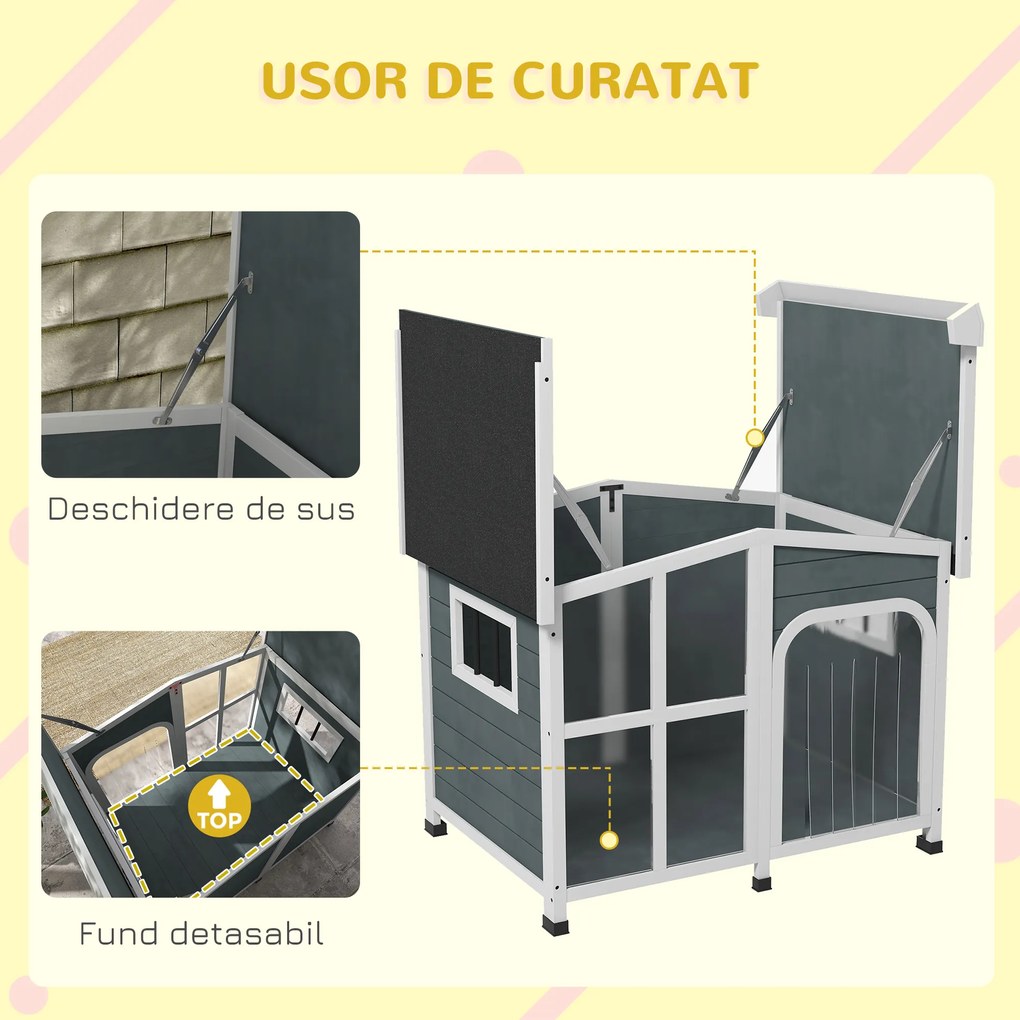 PawHut Căsuță pentru Câini din Lemn, cu Tendă de Protecție, Fereastră și Acoperiș Rabatabil, 101x66,5x70,5cm, Gri Închis | Aosom Romania