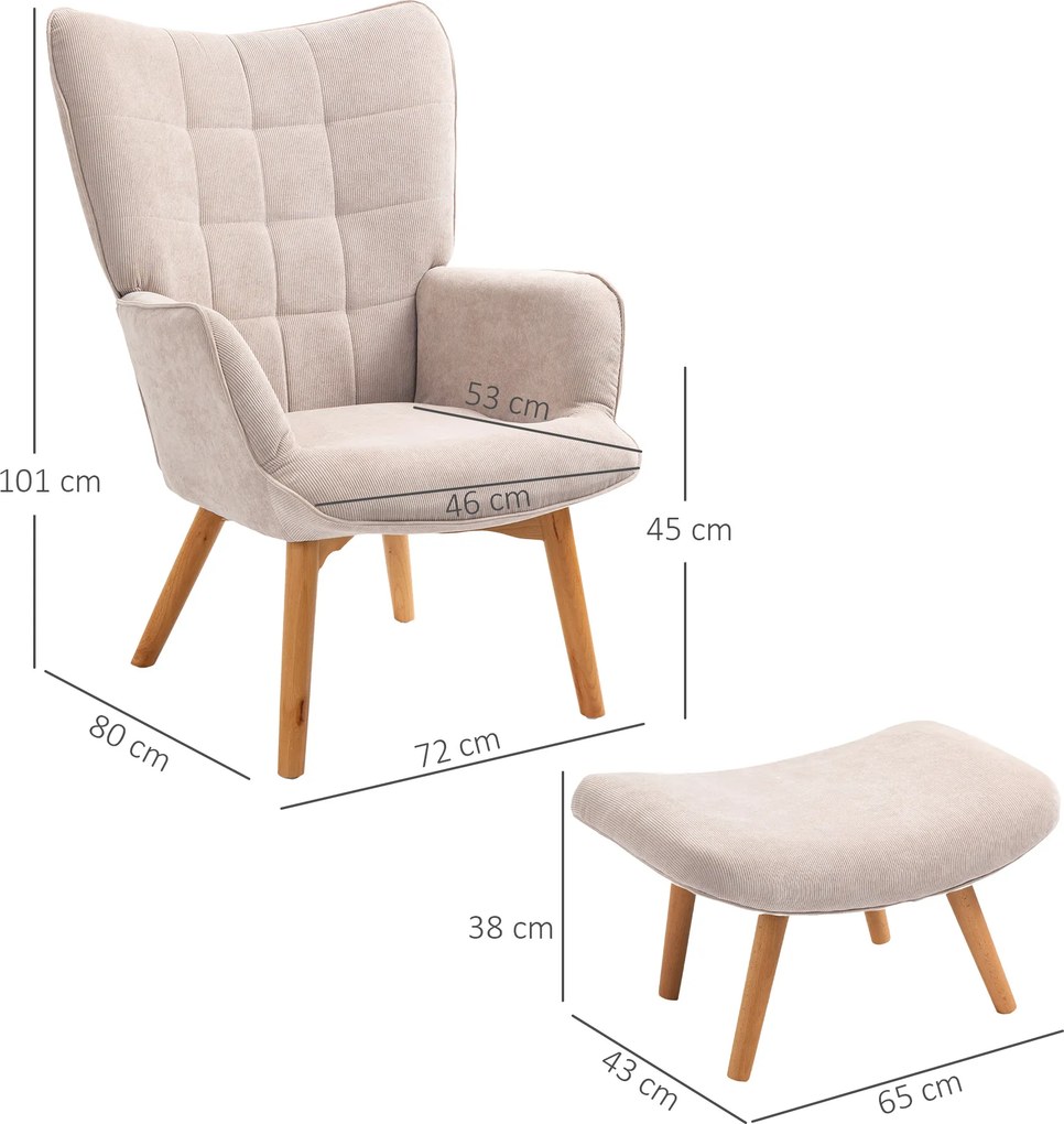 HOMCOM Fotoliu cu Taburet pentru Cameră sau Living din Catifea cu Model Crestat , Spătar Înalt și Brațe, 72x80x101 cm, Bej | Aosom Romania