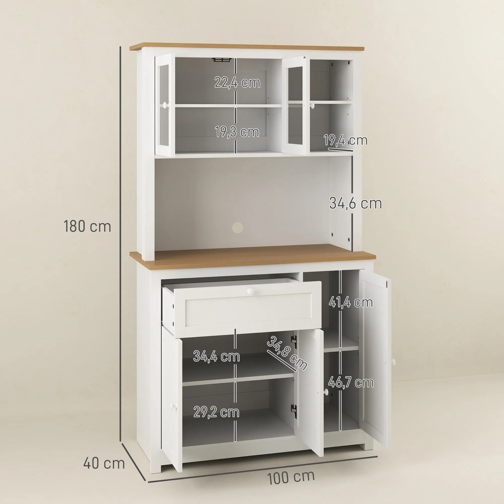 HOMCOM Dulap de bucătărie în stil country, 1 vitrină, 1 raft deschis, 1 sertar, 2 dulapuri, Natur + Alb | Aosom Romania
