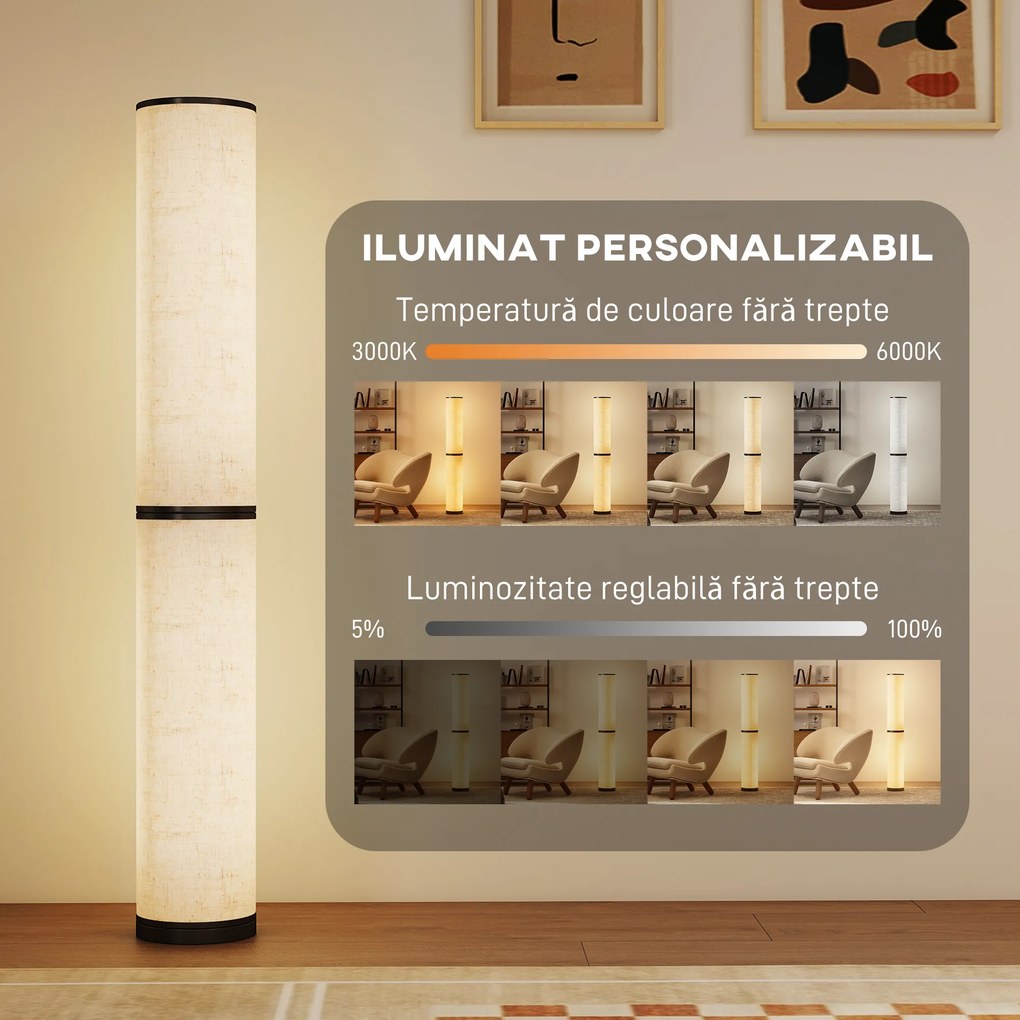 HOMCOM Lampă de Podea cu Telecomandă și Reglaj Temperatură 3000-6000K, Abajur din Material Textil, Ø20x135 cm, Bej | Aosom Romania