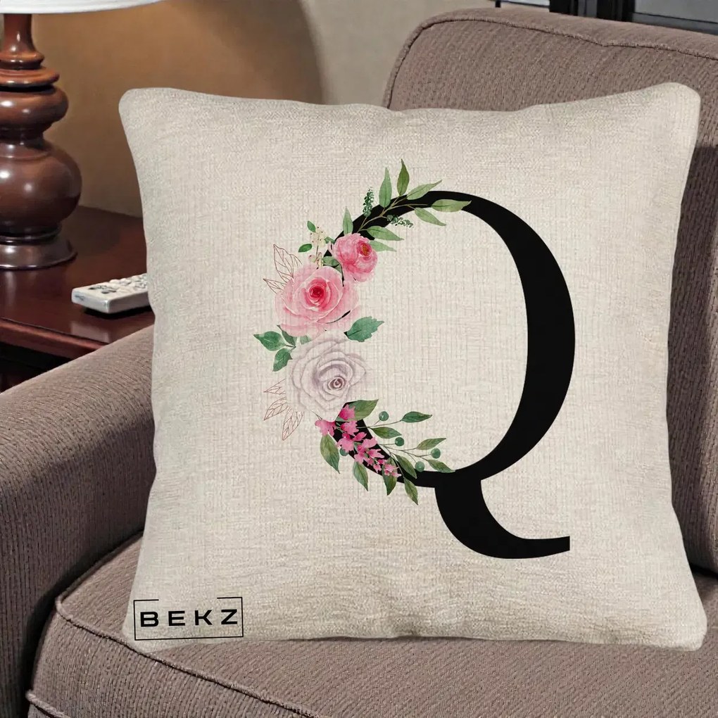 Cadou Personalizat - Perna Personalizata Monograma Florala Litera Q, 40x40 cm, Bej Canapea, Husa Detasabila, Perna Inclusa, BEKZ®