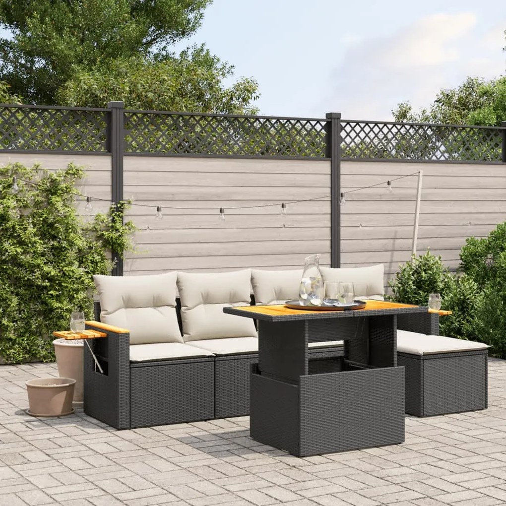 vidaXL Set mobilier de grădină cu perne, 6 piese, negru, poliratan