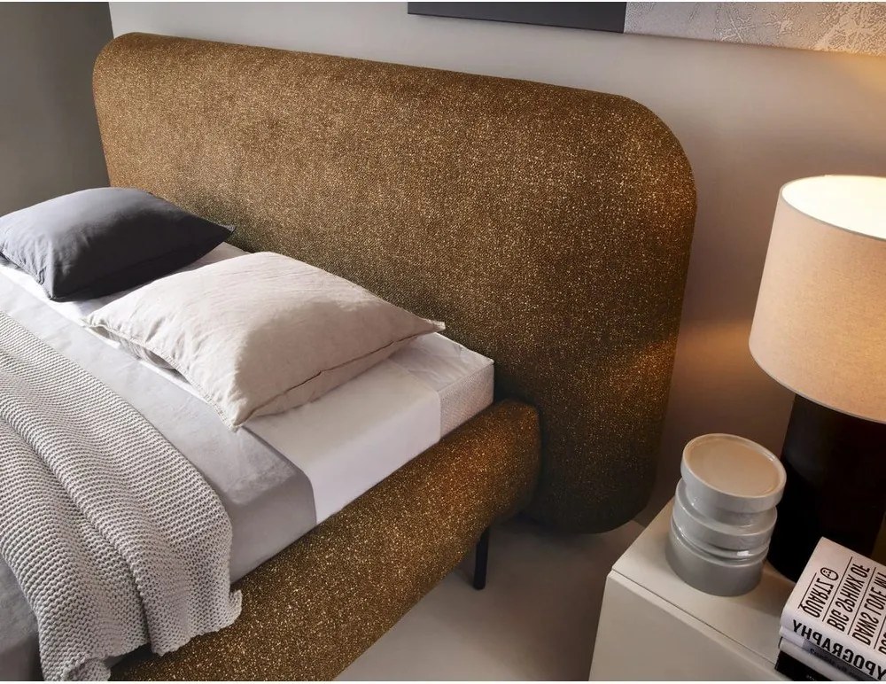 Pat matrimonial galben ocru tapițat cu spațiu de depozitare cu somieră 160x200 cm Pointt – ELTAP