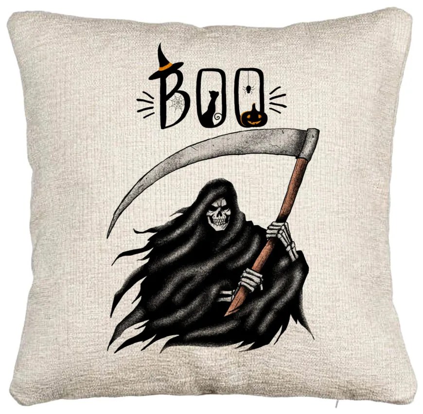 Perna Decorativa Canapea cu motiv The Grim Reaper, de Halloween, 40x40 cm, Cu fermoar