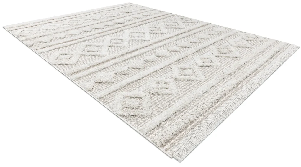 Covor ECO SISAL MOROC 22322 romburi, linii, boho franjuri - structural bej / cremă