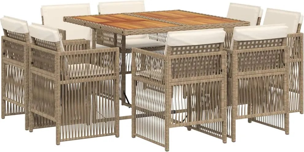 vidaXL Set de masă pentru grădină, 9 piese, cu perne, bej, poliratan