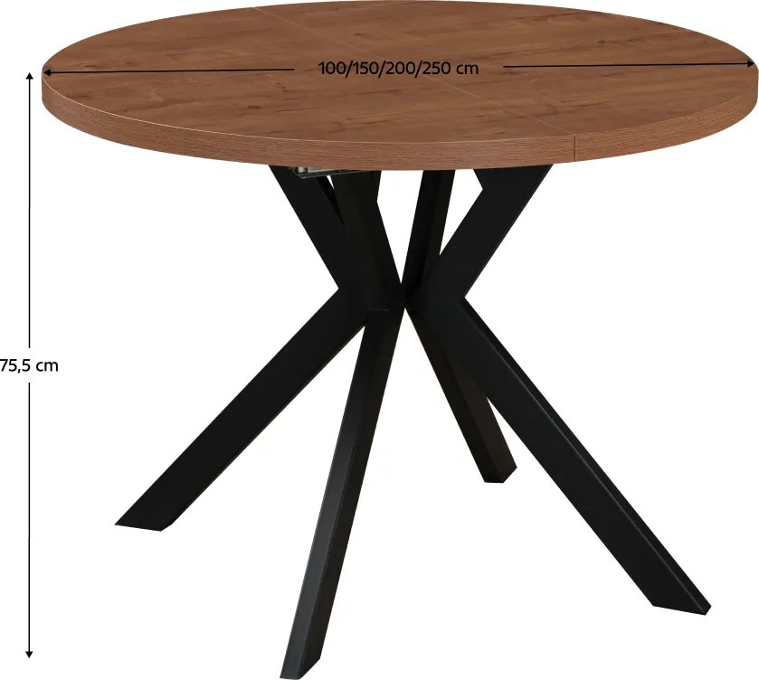 Masă de sufragerie extensibilă, stejar închis/negru, 100-250x75,5 cm, LUKOS