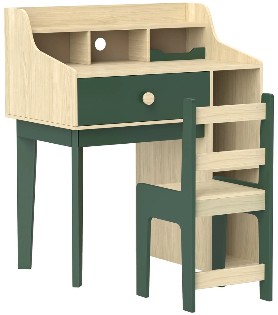 AIYAPLAY Set birou și scaun pentru copil cu rafturi de depozitare și sertar, mobilier pentru copii de la 3 la 10 ani, verde | Aosom Romania