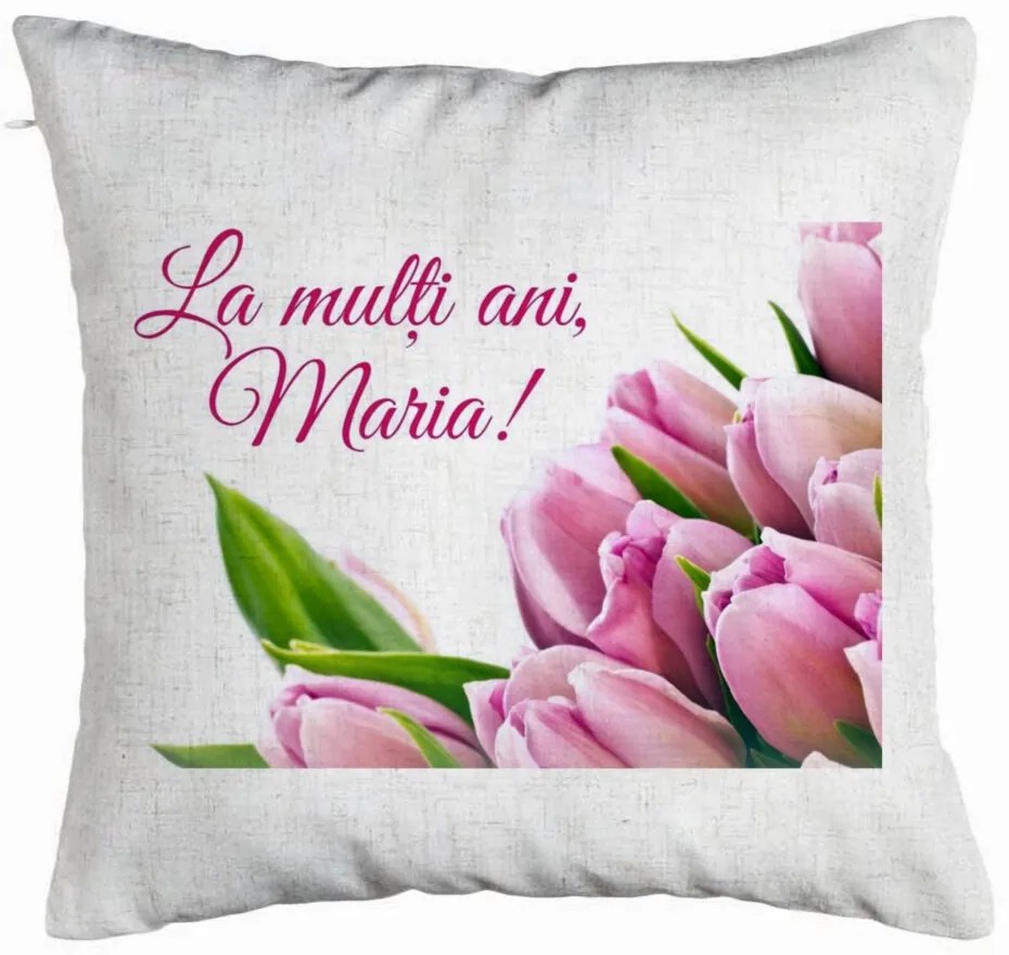 Perna Decorativa, Model La multi ani Maria, 40x40 cm, Alb Murdar, Husa Detasabila, Burduf