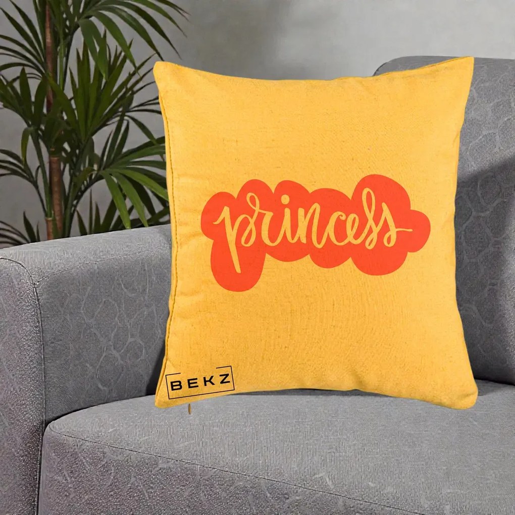 Perna Decorativa Princess Text Roz, 40x40 cm, Galben, Husa Detasabila, Perna Inclusa, BEKZ®