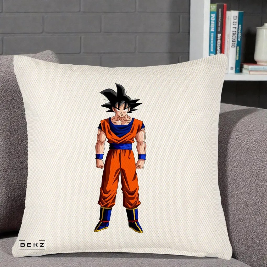 Perna Personalizata Dragon Ball Goku Complet in Gi Portocaliu, 40x40 cm, Crem Reliefat, Husa Detasabila, Perna Inclusa, BEKZ®