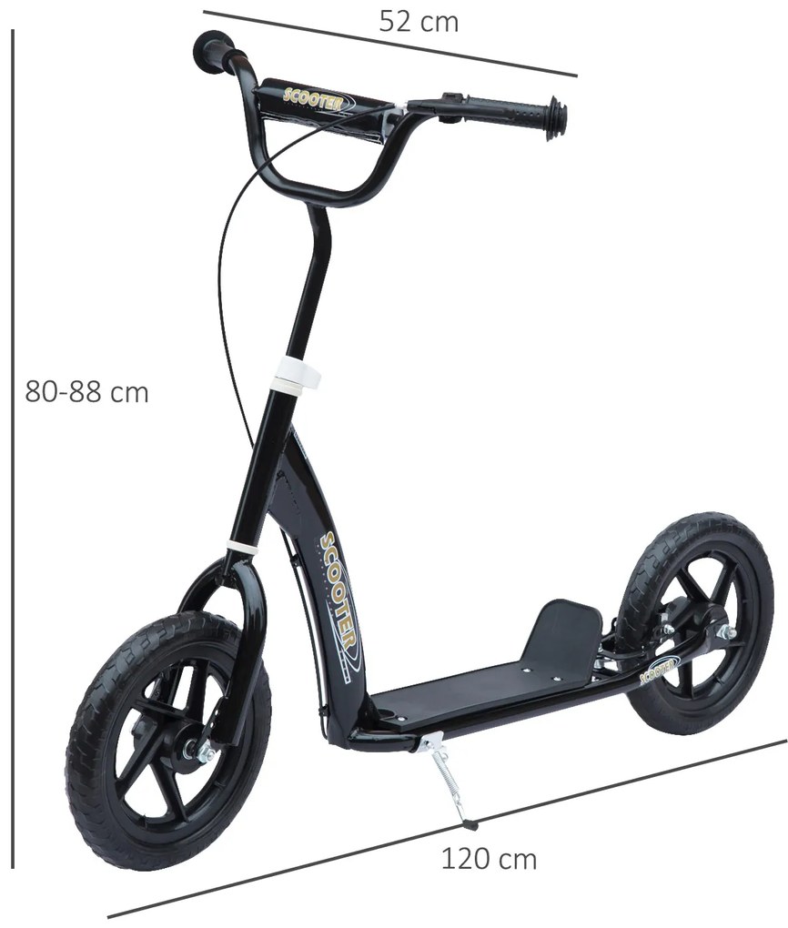 HOMCOM, trotinetă copii, pneuri 30 cm, ghidon reglabil, frână, suport lateral, oțel, pentru copii 5+ ani, negru | Aosom Romania