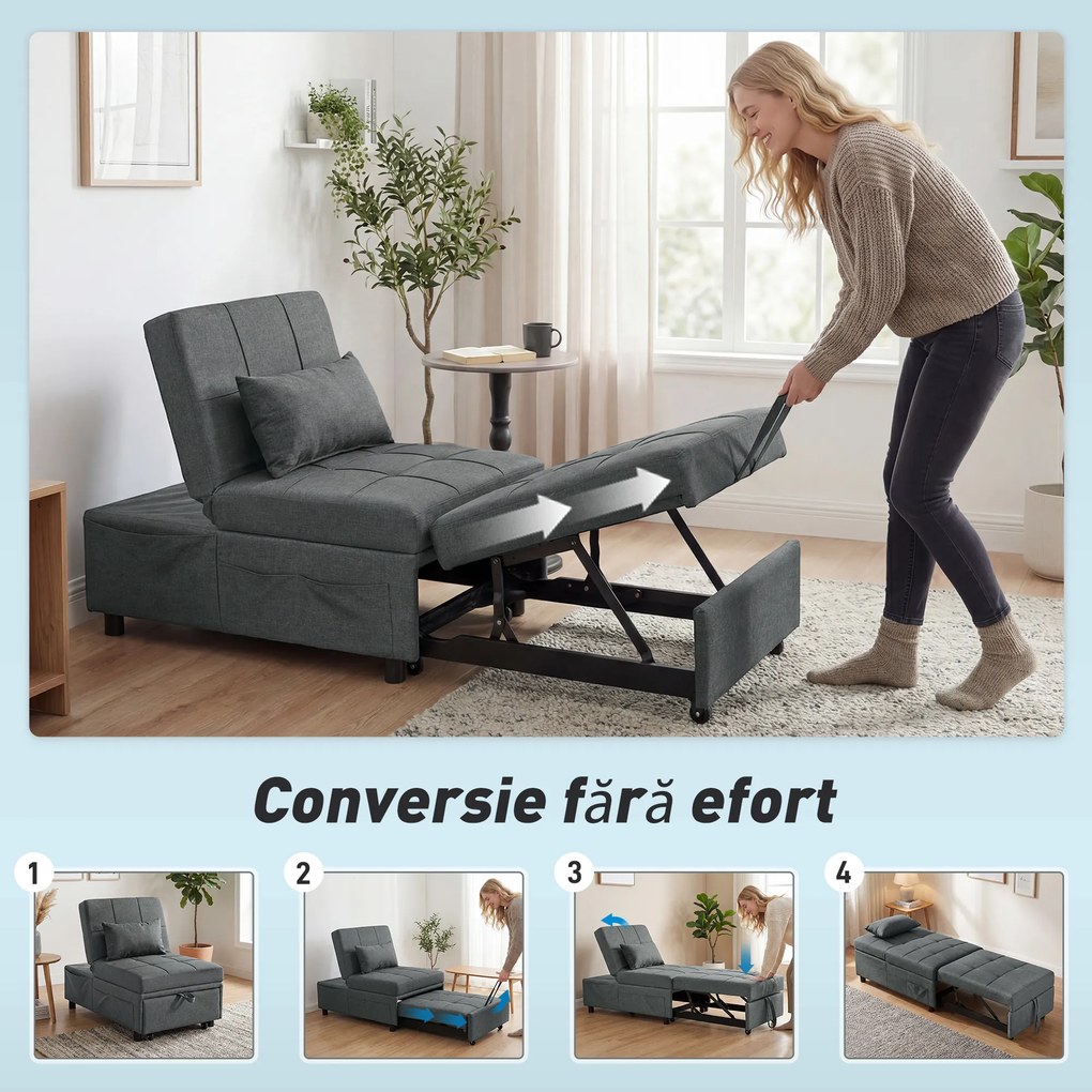 HOMCOM Fotoliu Pat de O Persoană Fotoliu Rabatabil 4-în-1, Gri | Aosom Romania