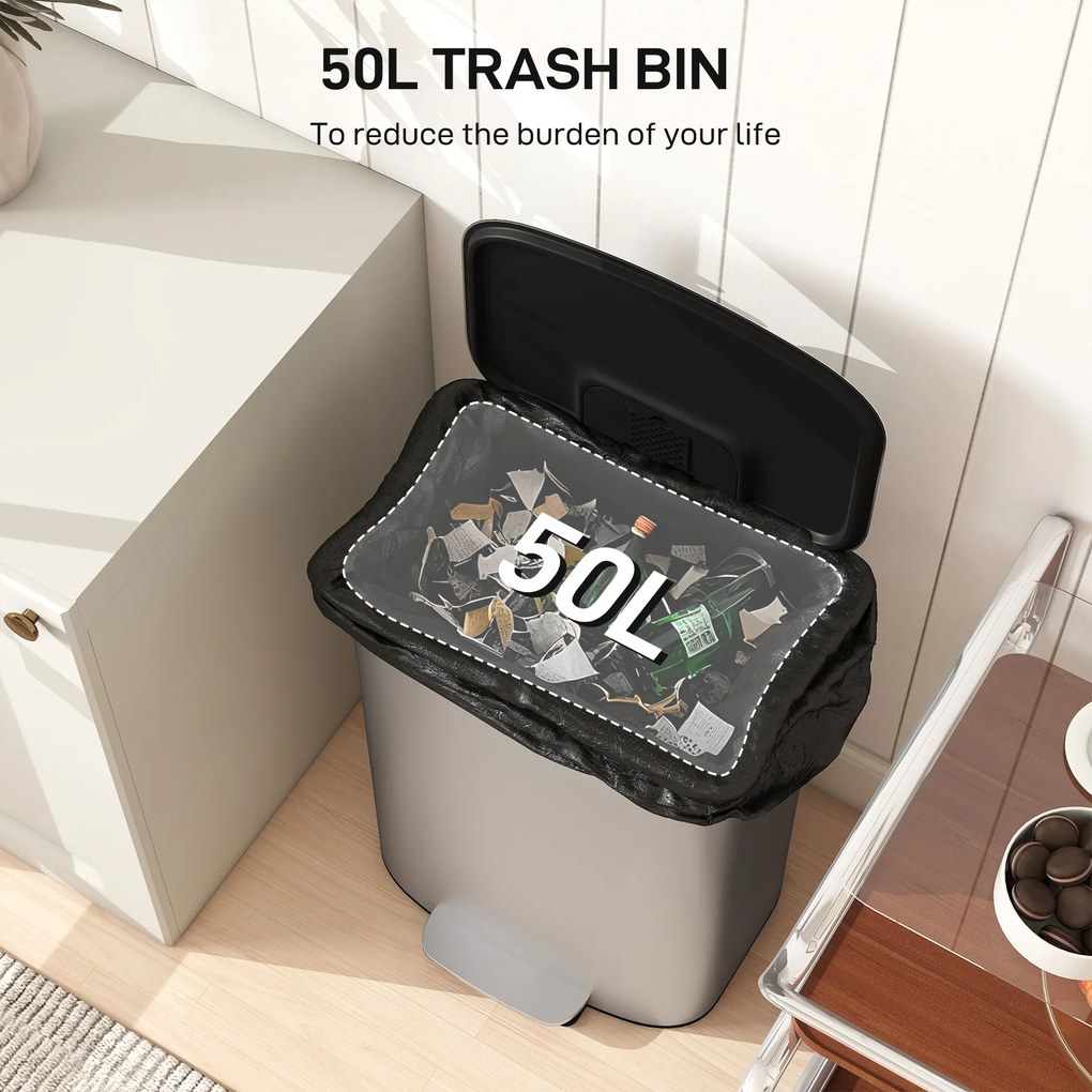 HOMCOM Coș de Gunoi cu Pedală de 50L cu Capac Amortizat, Deschidere la 90° și Găleată Detașabilă, Oțel Inoxidabil, Gri | Aosom Romania