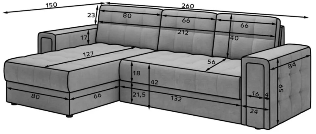 Coltar extensibil reversibil 3 locuri ELTAP, Blenvi, 260x150x82 cm, lemn/poliester, gri antracit