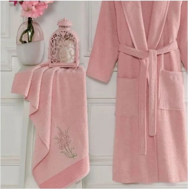 Set halat de baie și prosop roz S/M din bumbac – Mila Home