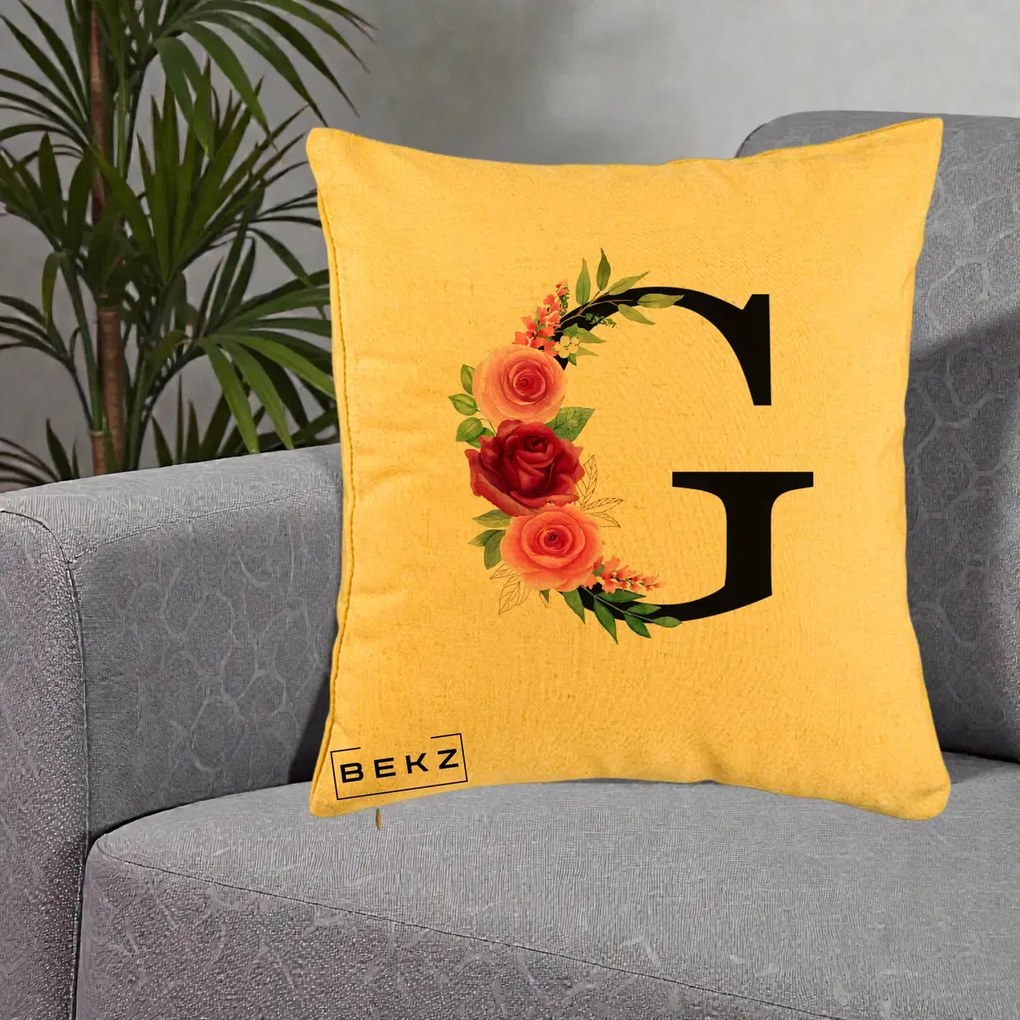 Cadou Personalizat - Perna Personalizata Monograma Florala Litera G, 40x40 cm, Galben, Husa Detasabila, Perna Inclusa, BEKZ®