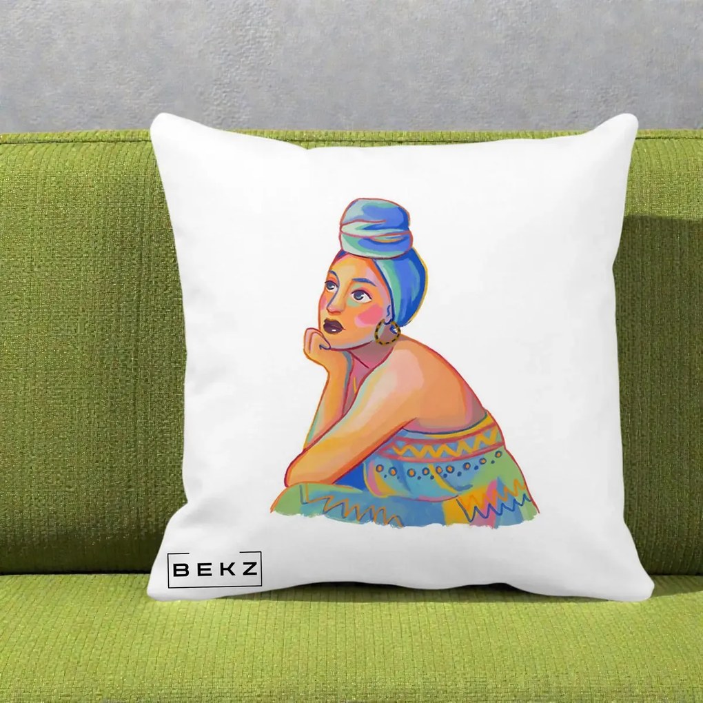 Perna Decorativa Portret Femeie Contemplativa, 40x40 cm, Alba Mata, Husa Detasabila, Perna Inclusa, BEKZ®