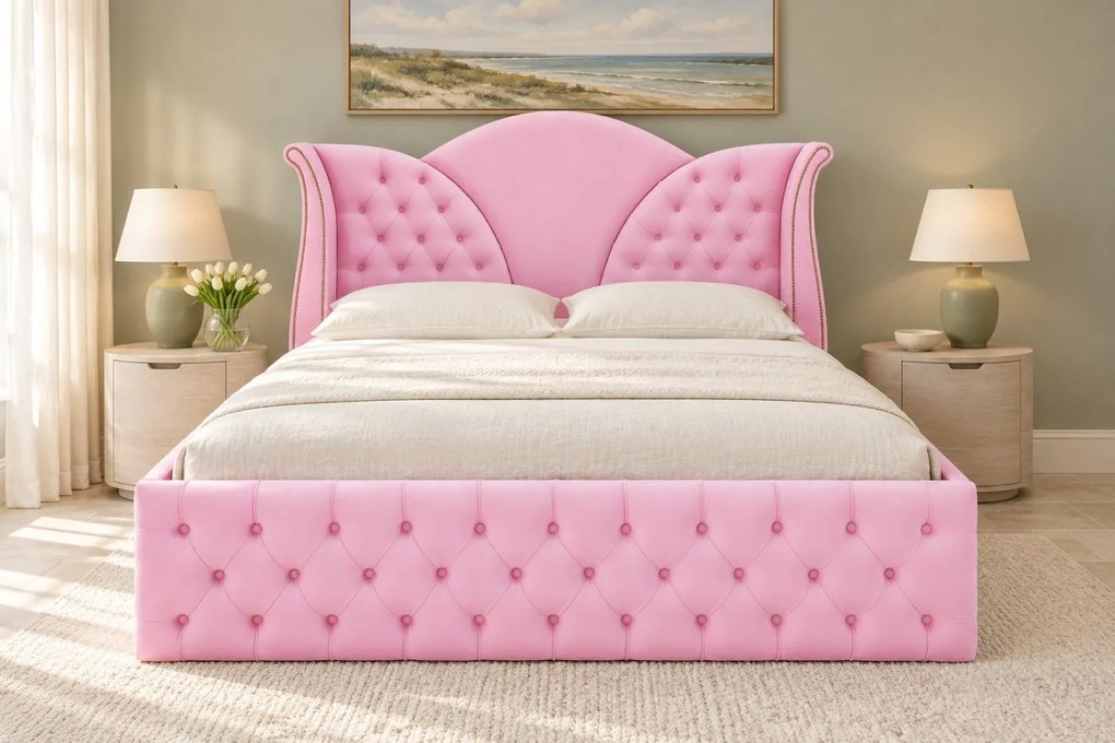 Pat tapițat Chesterfield din catifea Velora 140×200 cm, roz, cu ladă de depozitare