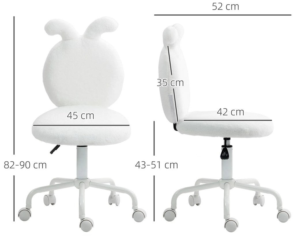 HOMCOM Scaun tapițat cu urechi de iepure, Scaun de birou cu role, rotativ, blană artificială, Alb | Aosom Romania