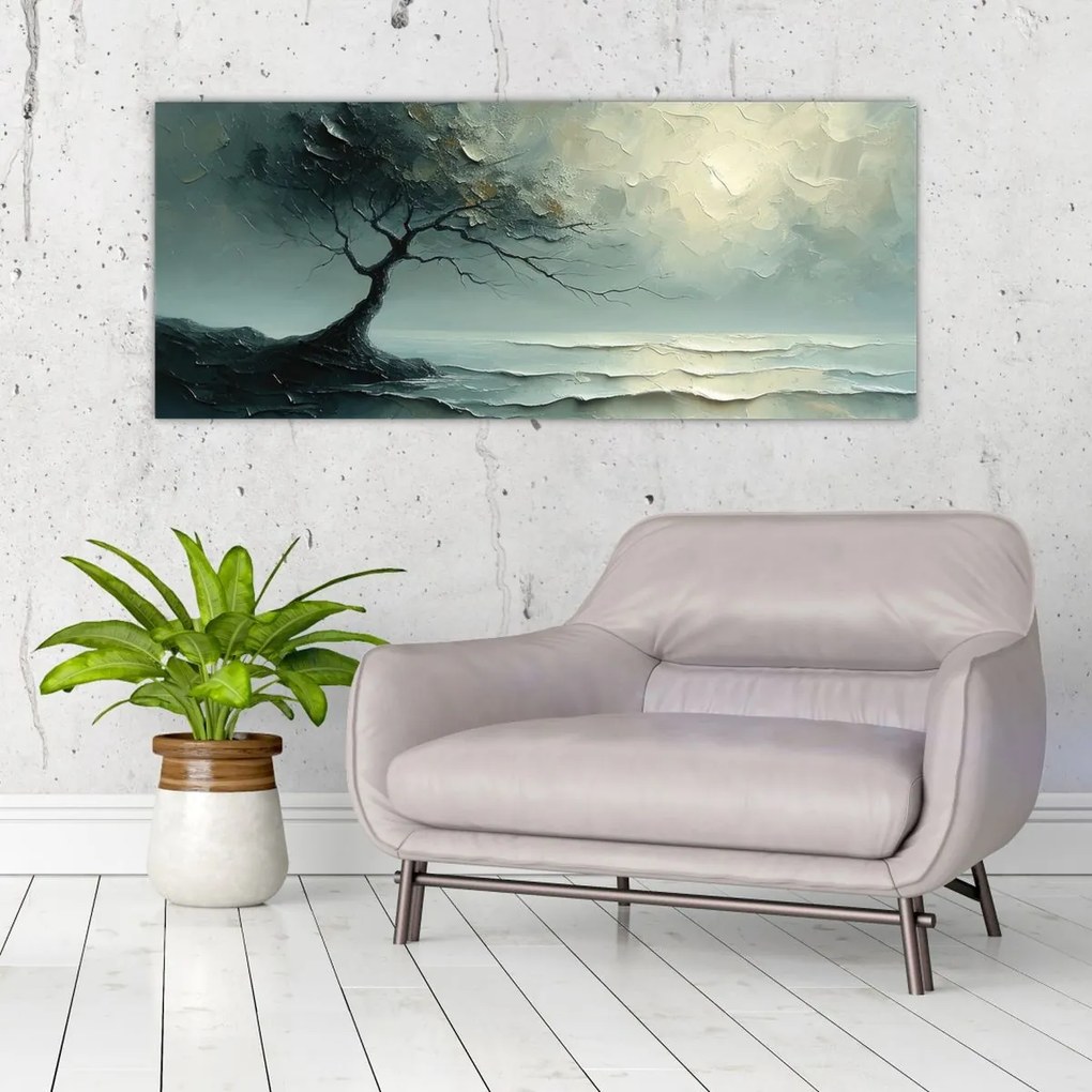 Tablou - pictură în ulei de un copac cu oceanul (120x50 cm)
