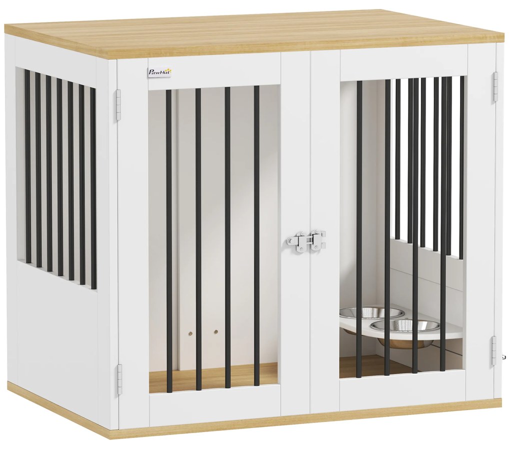 PawHut Cușcă pentru câini, masă de cafea, boluri mobile rotative la 360°, 2 uși pentru câine de talie medie 80x55x71,5 cm alb | Aosom Romania