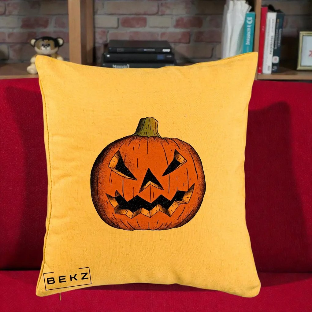 Perna Decorativa Halloween Dovleac Portocaliu Clasic, 40x40 cm, Galben, Husa Detasabila, Perna Inclusa, BEKZ®
