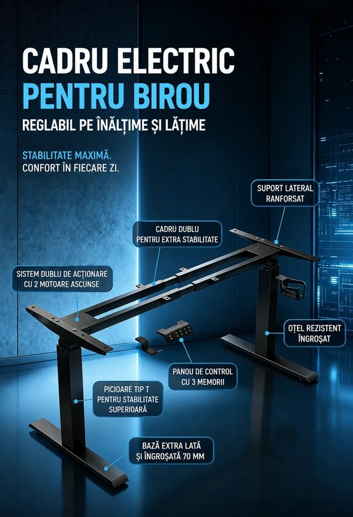 VARYON D16 – Cadru electric pentru birou, reglabil pe înălțime 72-117 cm și lățime 97-145 cm, 2 motoare, 3 memorii, sistem anti-coliziune, 150 kg, Negru