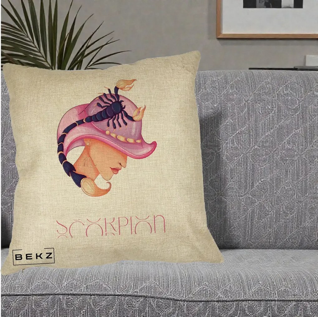 Perna Personalizata Zodiac Scorpion Cowgirl, 40x40 cm, Crem, Husa Detasabila, Perna Inclusa, BEKZ®