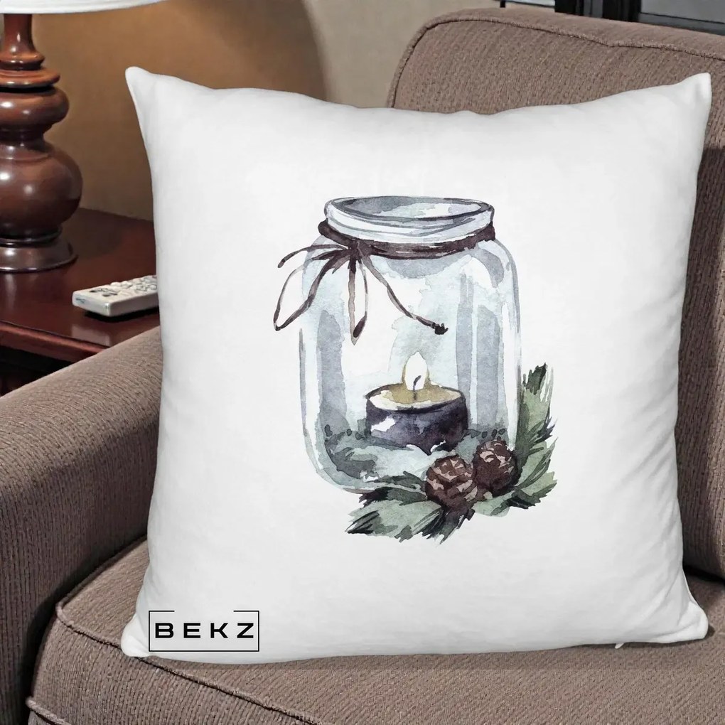 Perna Decorativa Felinar cu Lumanare si Conuri, 40x40 cm, Alb Pufos, Husa Detasabila, Perna Inclusa, BEKZ®
