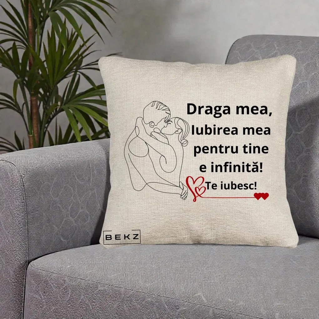 Cadou pentru Iubita - Perna Personalizata Draga Mea Iubirea Mea pentru Tine e Infinita Te Iubesc, 40x40 cm, Bej Canapea, Husa Detasabila, Perna Inclusa, BEKZ®