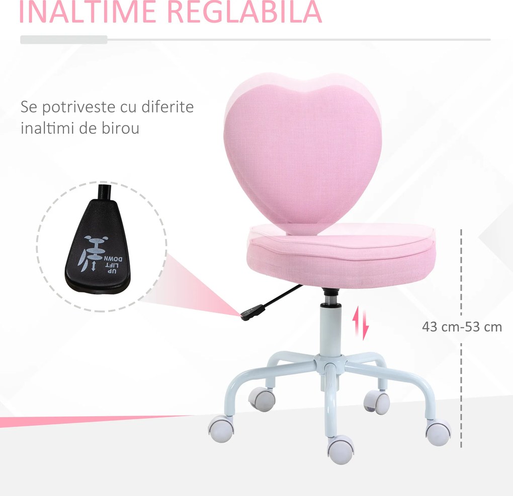 HOMCOM Scaun de Birou în Formă de Inimă, Bază cu 5 Roți, Înălțime Reglabilă, 40x50x79-89 cm, Roz | Aosom Romania