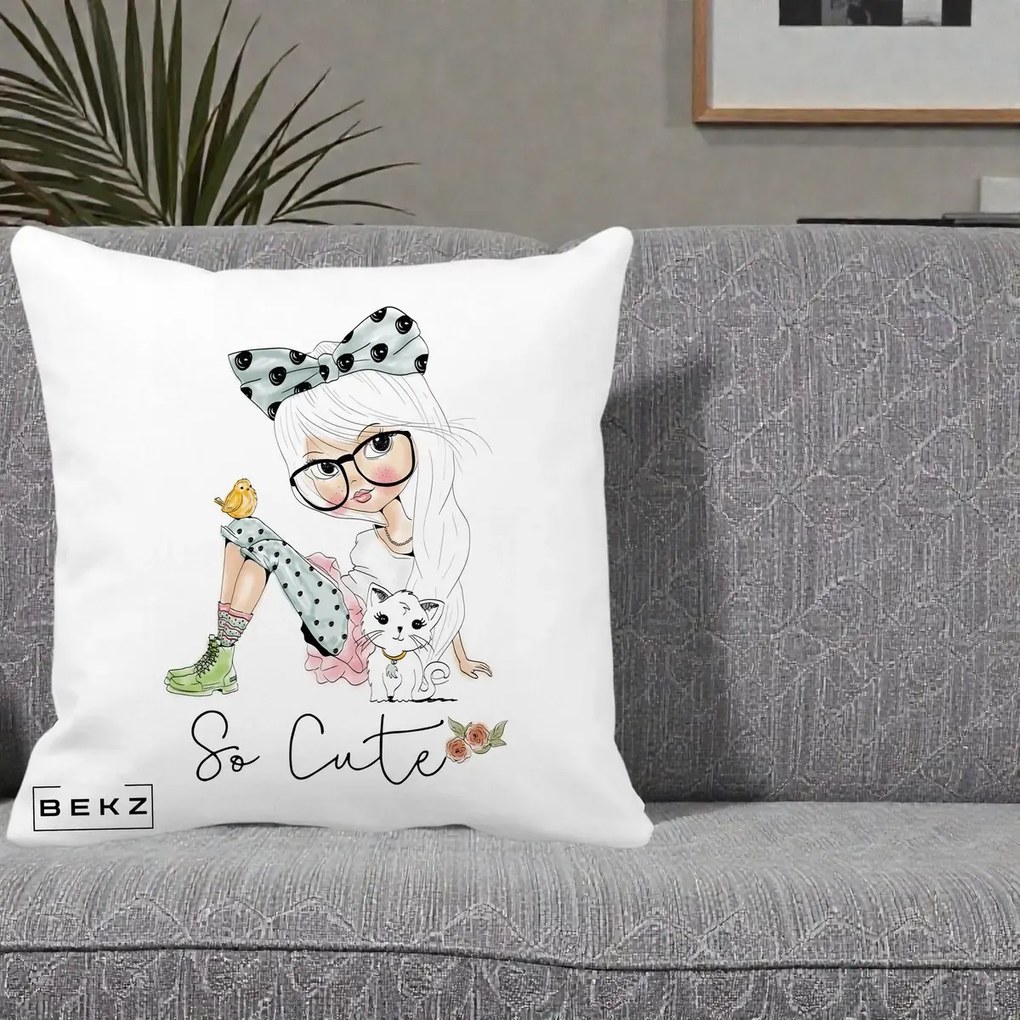 Perna Decorativa So Cute Fata Fashion, 40x40 cm, Alba Mata, Husa Detasabila, Perna Inclusa, BEKZ®