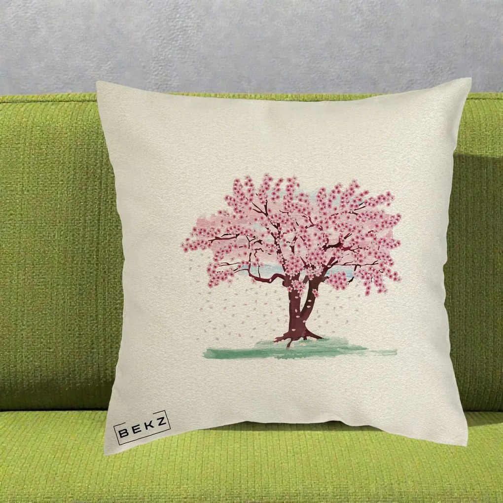 Perna Decorativa Cires Inflorit Acuarela, 40x40 cm, Ecru, Husa Detasabila, Perna Inclusa, BEKZ®